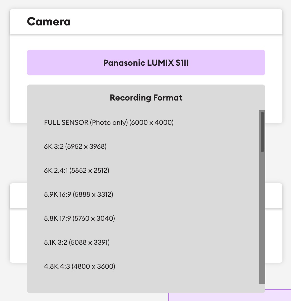 Camera selection and available recording modes in the Lens Coverage Tool